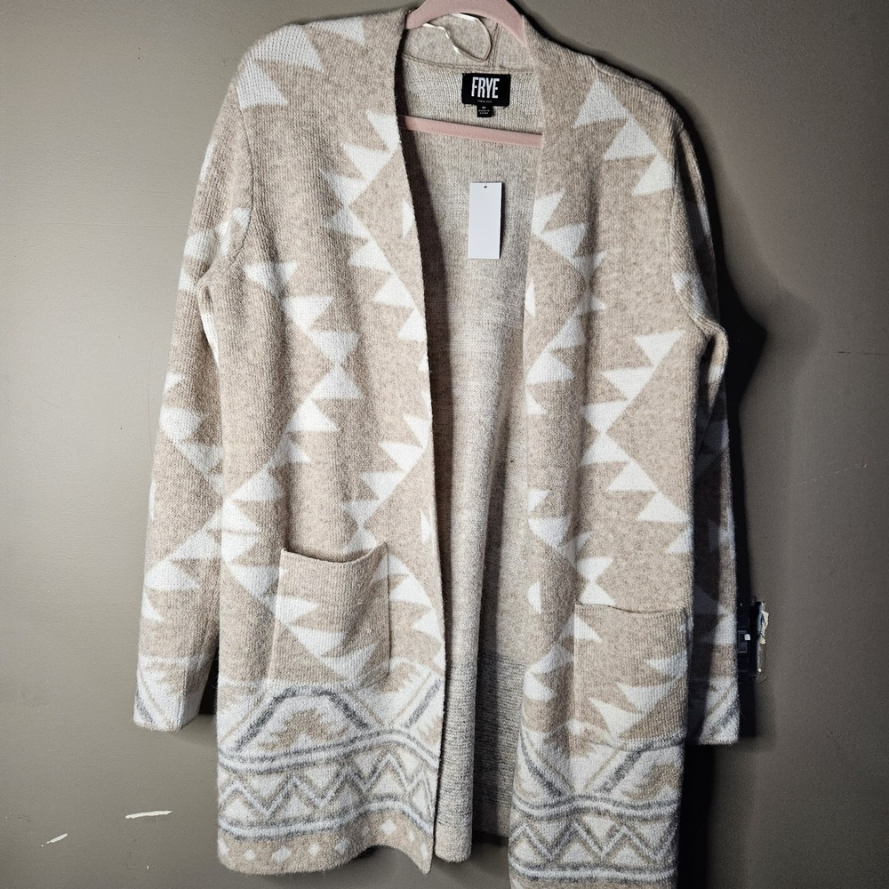 Frye Beige Geometric Knit Open Front Cardigan Sweater w/ Pockets Women M LS